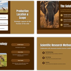 Nature documentary pitch deck showing filming locations and production timeline slides