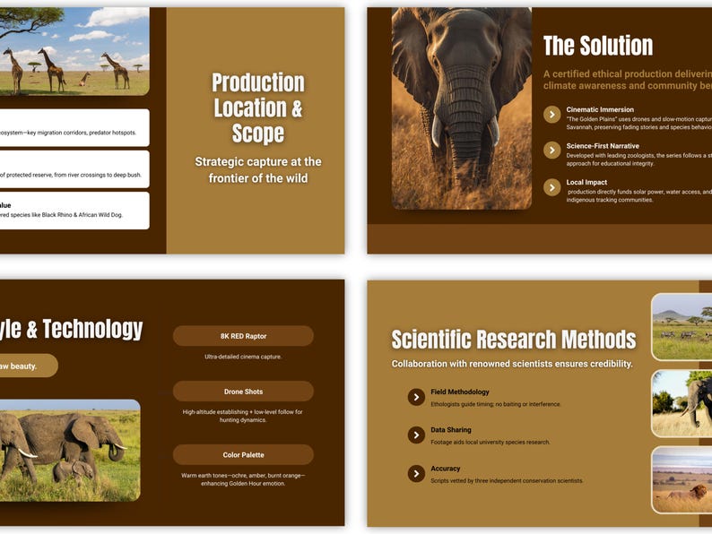 Nature documentary pitch deck showing filming locations and production timeline slides