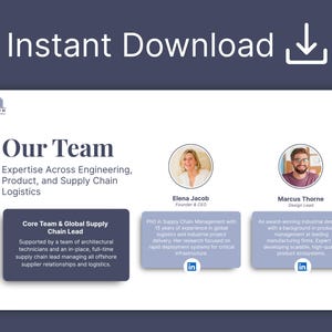Our Team slide from the investor pitch deck under a large download heading with an arrow icon: a bold serif title, a subtitle on engineering, product and supply chain logistics, a dark card on the core team, and two sample headshots, a founder and a design lead, each with a short bio card and a small profile icon.