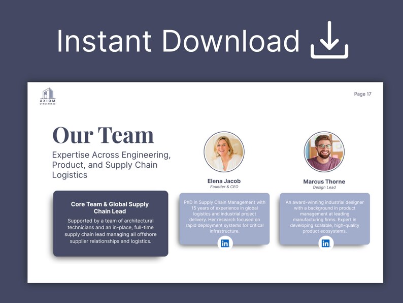 Our Team slide from the investor pitch deck under a large download heading with an arrow icon: a bold serif title, a subtitle on engineering, product and supply chain logistics, a dark card on the core team, and two sample headshots, a founder and a design lead, each with a short bio card and a small profile icon.