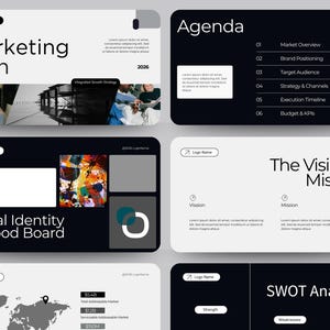 Puede incluir: Un conjunto de diapositivas de presentación digital con un diseño moderno. Las diapositivas presentan títulos como "Marketing Plan", "Agenda" y "SWOT Analysis". Cada diapositiva tiene un fondo oscuro o claro con texto y gráficos. Las diapositivas están diseñadas para presentaciones de negocios o marketing.