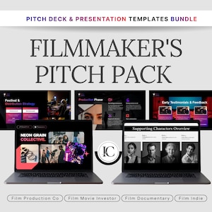 May include: A digital bundle of pitch deck and presentation templates titled Filmmaker's Pitch Pack. Two open laptops display slides featuring Neon Grain Collective, production phases, and character overviews. Four buttons below list Film Production Co, Film Movie Investor, Film Documentary, and Film Indie.