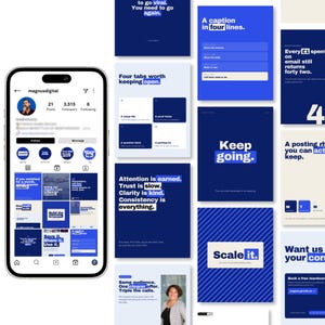 May include: A smartphone displaying the Instagram profile of magnusdigital, surrounded by a collage of blue and white digital marketing graphics featuring bold typography, motivational text, and instructional content for social media growth.