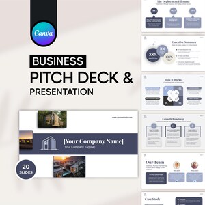 Construction deck preview on a soft beige backdrop: a Business Pitch Deck and Presentation headline under a Canva badge, the opening slide with bracketed name placeholders beside cabin photos, and a column of slides on the right, a deployment dilemma, executive summary, how it works, growth roadmap, team and case study.