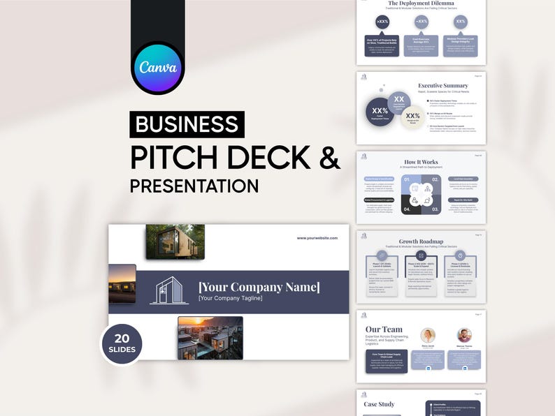 Construction deck preview on a soft beige backdrop: a Business Pitch Deck and Presentation headline under a Canva badge, the opening slide with bracketed name placeholders beside cabin photos, and a column of slides on the right, a deployment dilemma, executive summary, how it works, growth roadmap, team and case study.