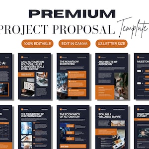 May include: A project proposal template with a dark blue background and orange accents. The text "PREMIUM PROJECT PROPOSAL Template" is at the top. The template includes sections on AI automation, milestone tracking, and more. The template is 100% editable and US Letter size.
