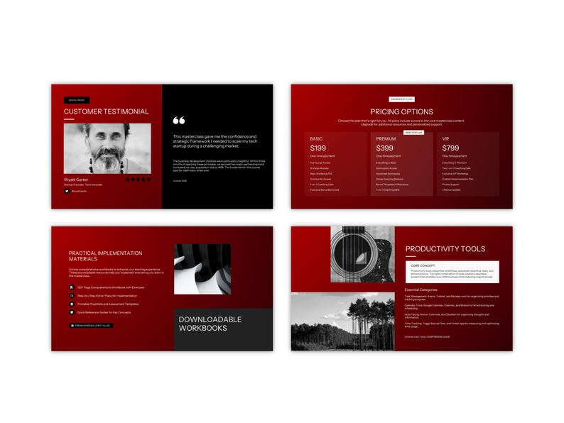 Online course presentation slide deck canva black red bold professional life coach design