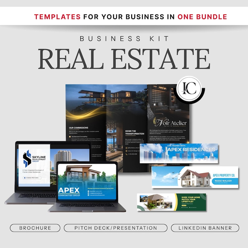 Real estate investor pitch deck bundle Canva, multifamily and commercial property pitch deck plus listing brochure and LinkedIn banner for realtors