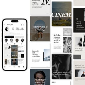 Pode incluir: Um smartphone exibindo um perfil do Instagram chamado mono_time com uma grade de publicações contendo designs tipográficos, fotografias e citações de marca como Luxury is Built Through Perception e Sell the silence.