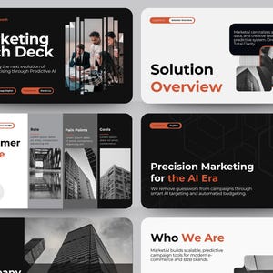 Könnte beinhalten: Eine digitale Marketing-Pitch-Deck mit einem Schwarz-Weiß-Farbschema. Der Titel "Marketing Pitch Deck" wird prominent angezeigt. Weitere Abschnitte sind "Solution Overview", "Customer Profile" und "Precision Marketing for the AI Era".