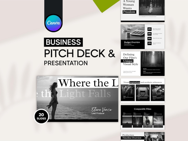 Film pitch deck template for indie filmmakers — cinematic dark Canva presentation
