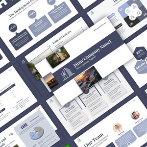 Pitch deck design overview on a steep diagonal against slate blue, many slides overlapping: a deployment dilemma page with placeholder percentages, a table of contents, the unfilled cover with company name and tagline brackets, a three phase roadmap, business model hexagons, a financial projections table, a funding pie chart and team bios, framed by giant PITCH and DECK letters.