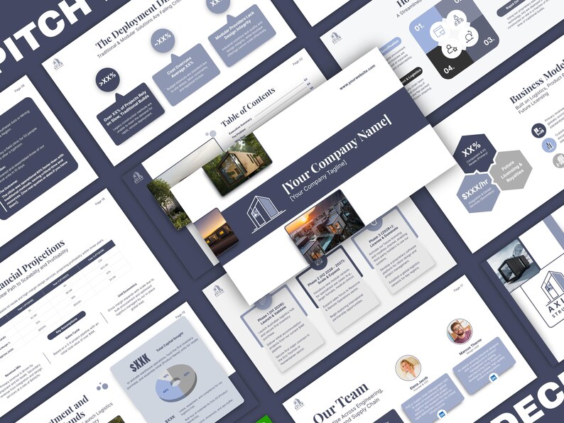 Pitch deck design overview on a steep diagonal against slate blue, many slides overlapping: a deployment dilemma page with placeholder percentages, a table of contents, the unfilled cover with company name and tagline brackets, a three phase roadmap, business model hexagons, a financial projections table, a funding pie chart and team bios, framed by giant PITCH and DECK letters.