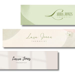 May include: Three rectangular business card designs featuring the name Larra Jones Therapist. The top card is light green with a stylised L logo. The middle card has abstract shapes and a flower line drawing. The bottom card is beige with dark text.