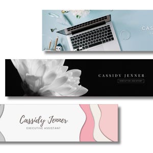 Könnte beinhalten: Drei Banner-Designs mit dem Namen "Cassidy Jenner, Executive Assistant". Das obere Banner zeigt einen Laptop und Bürobedarf auf hellblauem Hintergrund. Das mittlere Banner ist schwarz mit einer weißen Blume. Das untere Banner hat rosa und graue Akzente.
