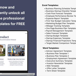 Bonus Excel and Word business documents listed beside the pitch deck template: a laptop on slate blue shows the core product slide with module photos, and a white panel lists spreadsheets such as a cash flow forecast, startup budget and financial projections, then documents such as business plans, an NDA, an offer letter and a term sheet.