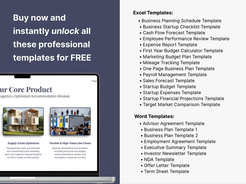 Bonus Excel and Word business documents listed beside the pitch deck template: a laptop on slate blue shows the core product slide with module photos, and a white panel lists spreadsheets such as a cash flow forecast, startup budget and financial projections, then documents such as business plans, an NDA, an offer letter and a term sheet.