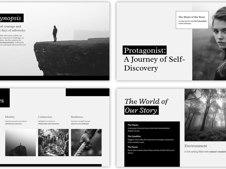 Film pitch deck template showing budget breakdown and production timeline slides