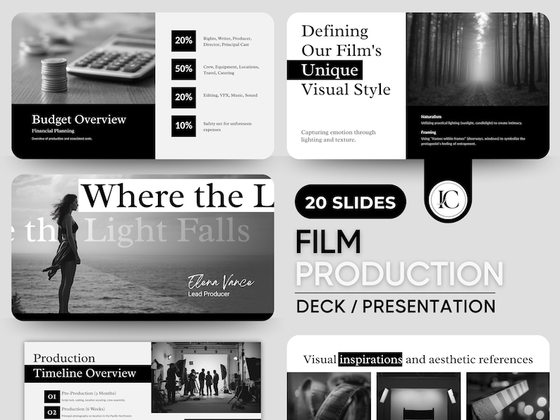 Film pitch deck template for indie filmmakers — cinematic dark Canva presentation