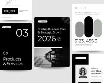Plantilla de plan de negocios para startups / Planificador de 56 páginas en Canva para emprendedores e inversores / Minimalista