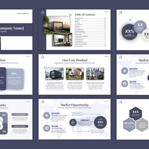 Modern pitch deck grid, three rows of three navy and white pages, most showing bracketed name and XX placeholders ready to fill: the cover, the contents list, an executive summary, the solution, the product overview with three module photos, how it works, the business model and the market opportunity page, which appears twice.