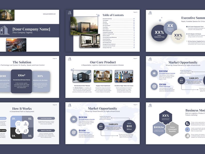 Modern pitch deck grid, three rows of three navy and white pages, most showing bracketed name and XX placeholders ready to fill: the cover, the contents list, an executive summary, the solution, the product overview with three module photos, how it works, the business model and the market opportunity page, which appears twice.