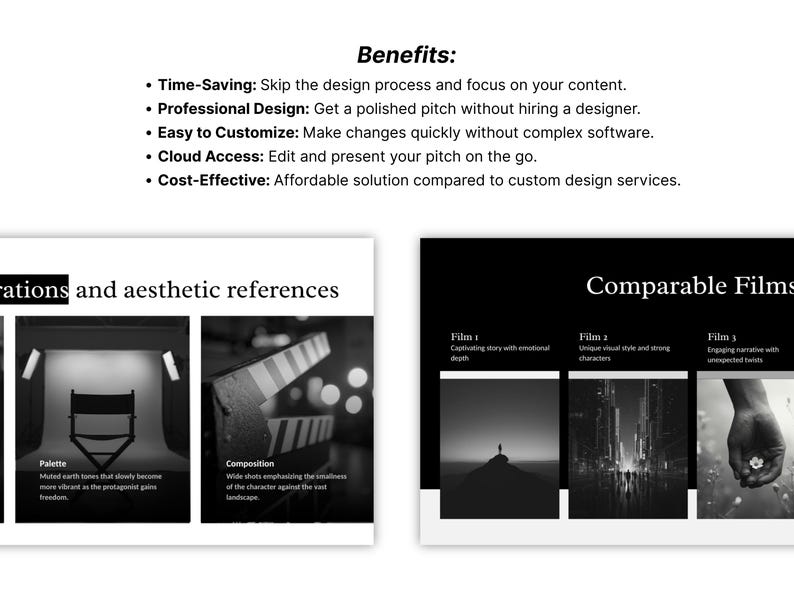 Movie pitch deck for screenwriters — comparable films and distribution strategy slides