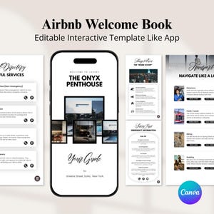 May include: An Airbnb Welcome Book digital template featuring a smartphone display showing The Onyx Penthouse guide, alongside additional pages for directory services, local transport, and emergency information with a clean black and white layout.