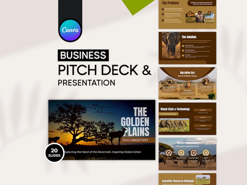 Film pitch deck template for nature documentary filmmakers — wildlife docuseries Canva presentation