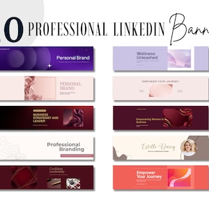 May include: A collection of 10 professional LinkedIn banners featuring diverse colour palettes, including purple, red, pink, and orange. Each banner displays unique graphic elements, abstract shapes, and text such as Personal Brand, Wellness Unleashed, Empower Your Journey, Business Strategist and Leader, Empowering Women in Business, Professional Branding, Estelle Darcy, and Confident Leadership.