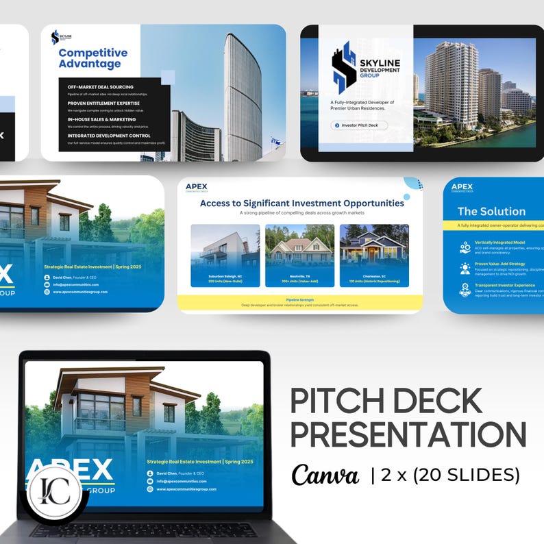 Real estate bundle contents overview, four editable Canva templates for property developers, realtors and prop-tech founders