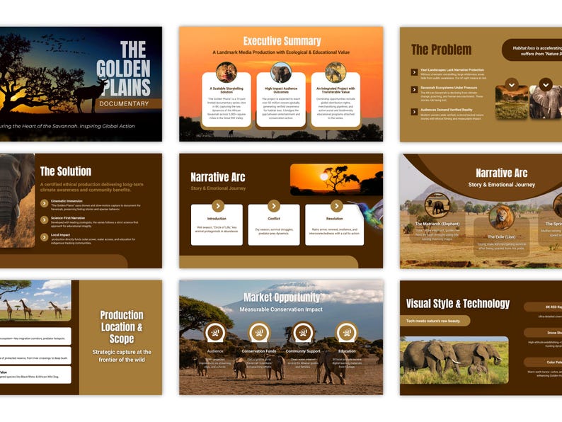 Before and after: blank Canva template versus completed wildlife documentary pitch deck