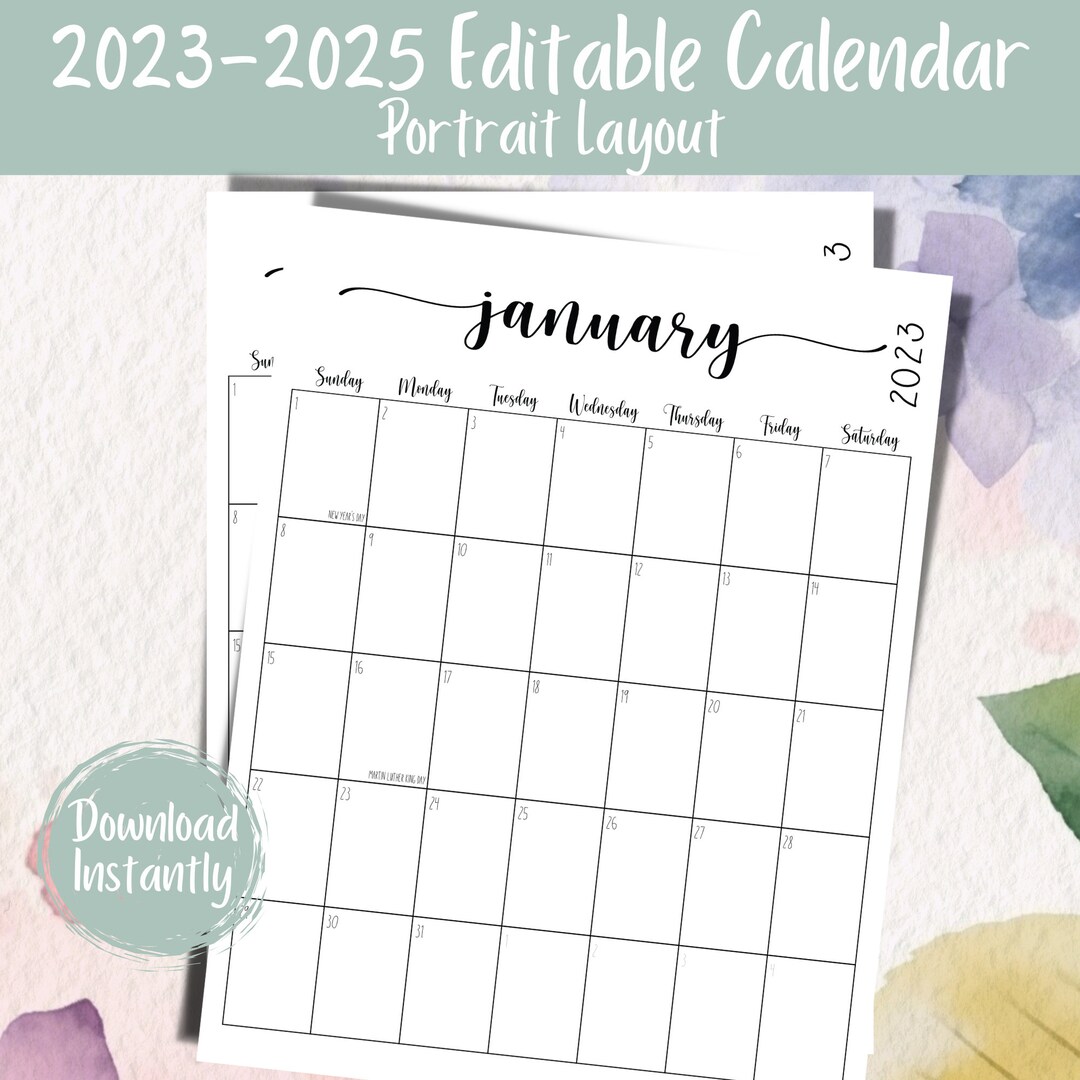 2023 2024 and 2025 Calendars Printable Editable Portrait Etsy