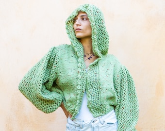 Handknit Boho Green Crochet Hooded Cardigan