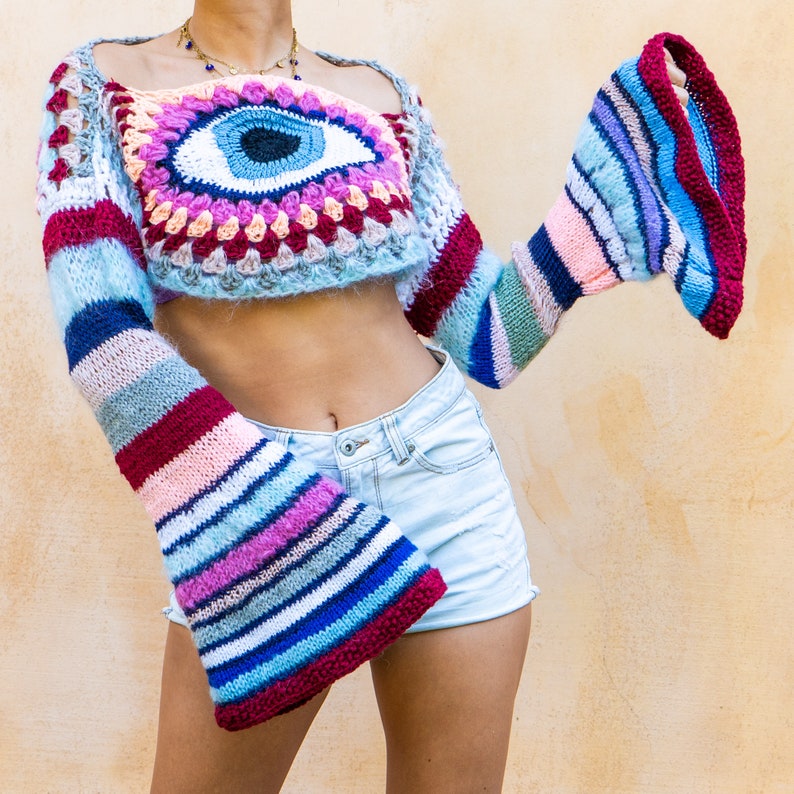 Cropped Crochet Knit sweater, Long sleeve shrug, Eye, Mesh image 2