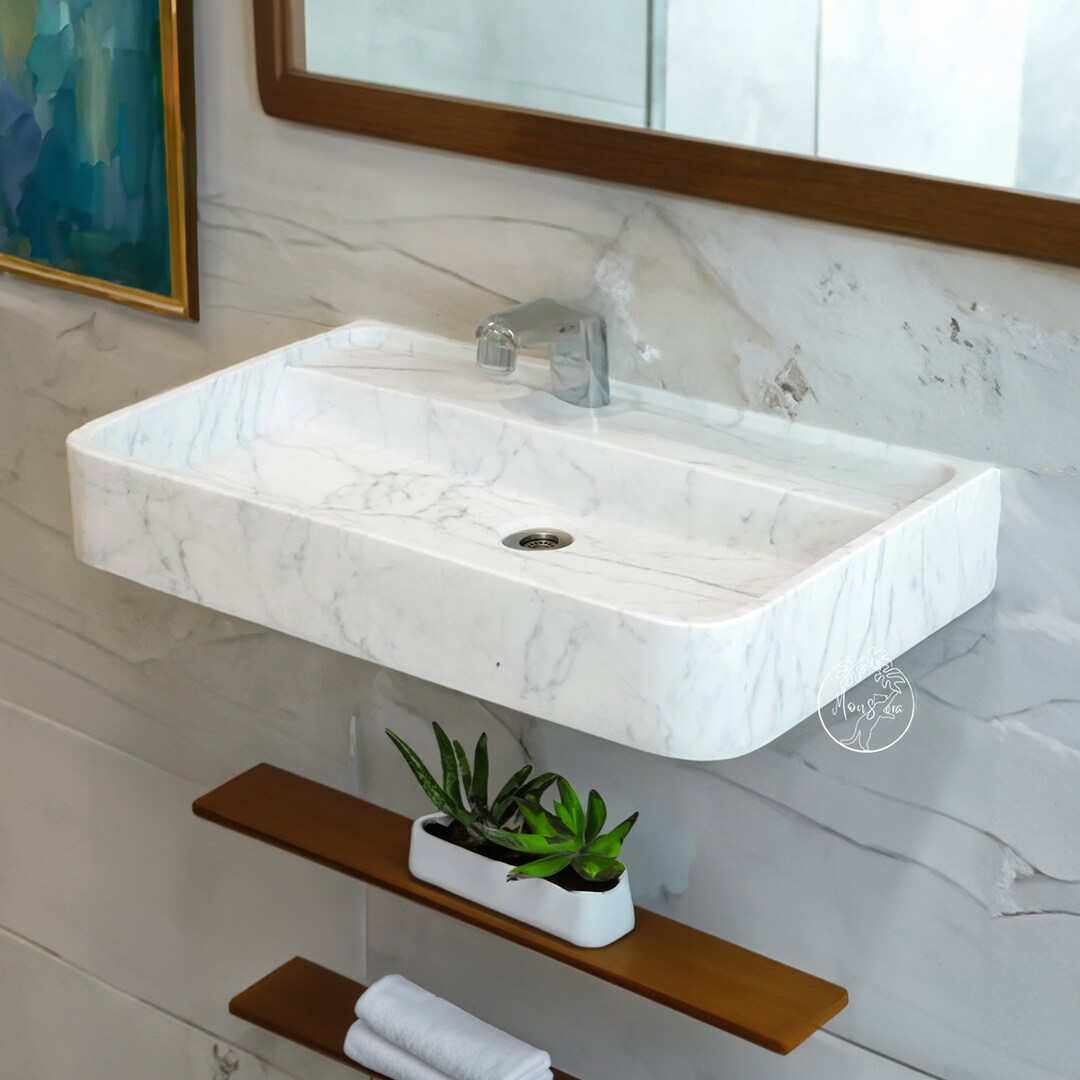 White Marble Bathroom Sink, Wall-mount Stone Sink, Rectangular Batroom ...
