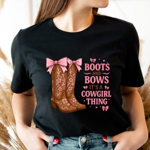 Cowgirl Shirt for Girls | Boots and Bows Shirt | Western Pink Cowgirl Tee | Cute Country Gift for Her | Christmas Gift for Cowgirl
