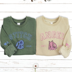 Embroidered Stitch And Angel Couple Sweatshirt, Anniversary Matching Valentine's Hoodie, Cartoon Shirt Heart Name on Sleeve Gift For Her
