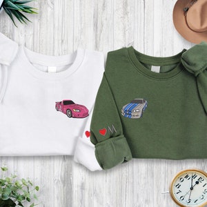 Sudadera con capucha bordada con diseño de pareja de Brian Suki Car, bolsillo con capucha a juego para aniversario y día de San Valentín, nombre de corazón de dibujos animados en la manga, regalo para ella