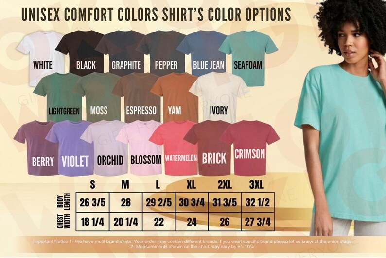 The image is a collage of various colored t-shirts, with a woman standing next to the shirts. The collage includes a list of different colored t-shirt options and their corresponding sizes, as well as a table with size information.