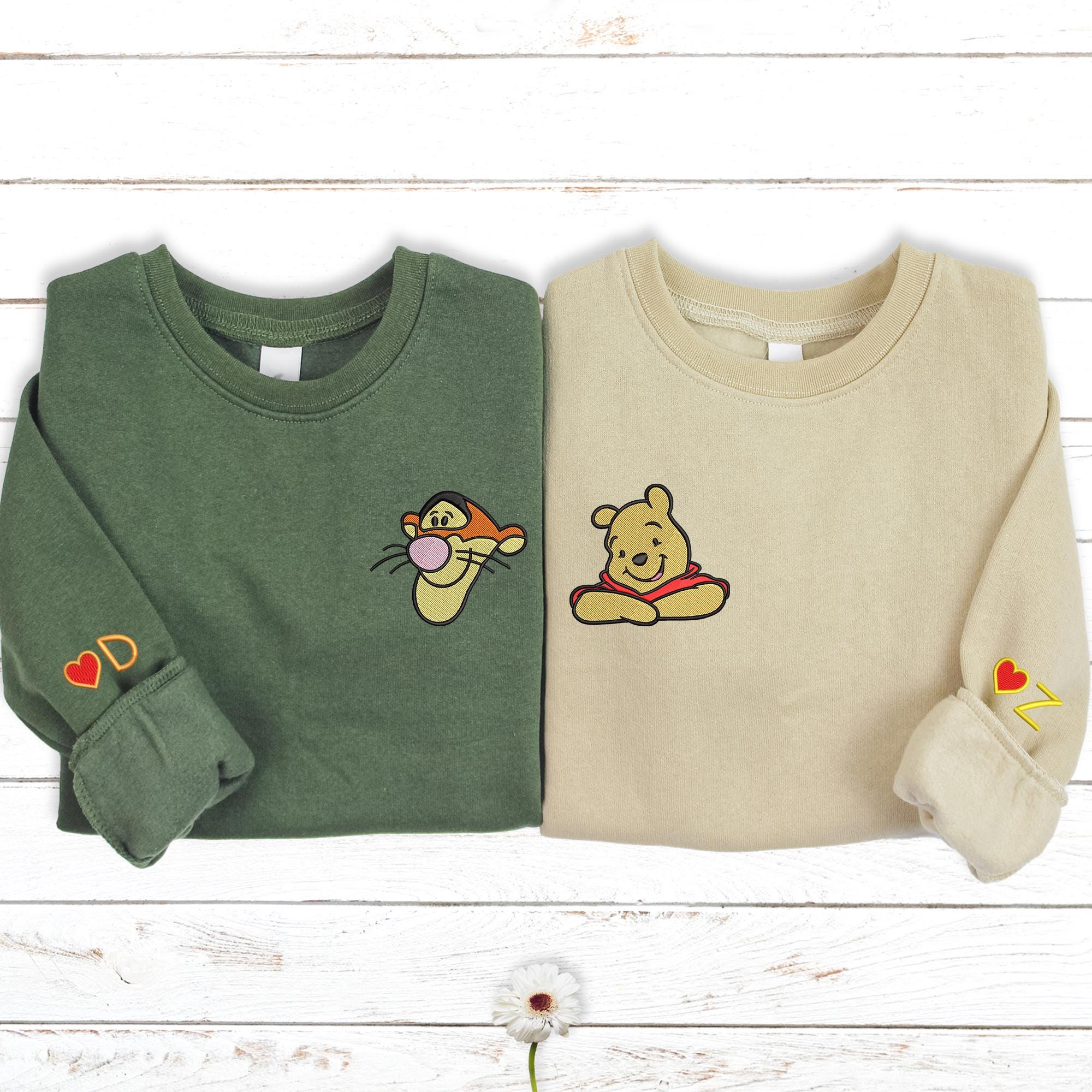 Embroidered Winnie The Pooh Tigger Couple Sweatshirt, Anniversary Matching Valentines Day Hoodie Pocket, Cartoon Heart Name on Sleeve