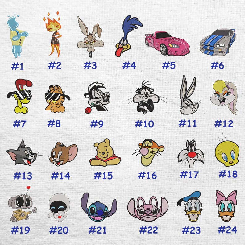 Puede incluir: Una colecci&oacute;n de parches bordados con personajes de dibujos animados. Los parches incluyen una variedad de personajes, como un extraterrestre azul, una figura de fuego, un coyote, un correcaminos, un coche rosa y un coche azul. Cada parche est&aacute; numerado.