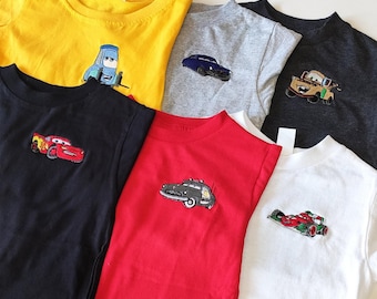 Camiseta infantil bordada de Disney Pocket McQueen Cars, sudadera divertida de dibujos animados para parejas, camisetas de regalo para niños y niñas en cumpleaños.