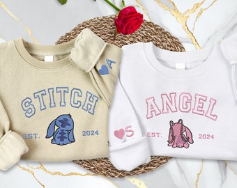 Embroidered Stitch And Angel Couple Sweatshirt, Anniversary Matching Valentine&#39;s Hoodie, Cartoon Shirt Heart Name on Sleeve Gift For Her