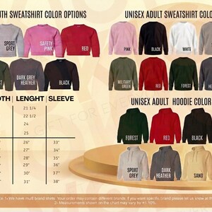 Puede incluir: Imagen de sudaderas y sudaderas con capucha unisex en varios colores. La imagen incluye una tabla de tallas con medidas en cm para tallas de j&oacute;venes y adultos, junto con las longitudes de las mangas. Las opciones de color incluyen blanco, negro, rosa, rojo y gris.