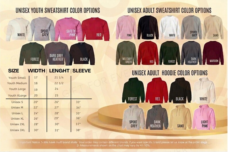 Puede incluir: Imagen de sudaderas y sudaderas con capucha unisex en varios colores. La imagen incluye una tabla de tallas con medidas en cm para tallas de j&oacute;venes y adultos, junto con las longitudes de las mangas. Las opciones de color incluyen blanco, negro, rosa, rojo y gris.