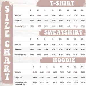 Puede incluir: Tabla de tallas para camisetas, sudaderas y sudaderas con capucha. Las medidas en cent&iacute;metros incluyen ancho, largo y largo de manga, de la S a la 5XL. La tabla est&aacute; en tonos neutros.