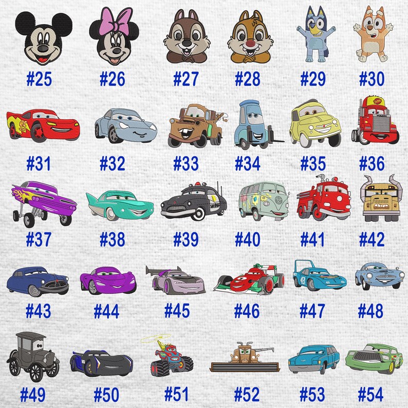 Puede incluir: Una colecci&oacute;n de parches bordados con personajes de dibujos animados y veh&iacute;culos. Los parches incluyen a Mickey Mouse, Minnie Mouse, Chip y Chop, Bluey, Rayo McQueen y varios dise&ntilde;os de coches. Cada parche est&aacute; numerado.