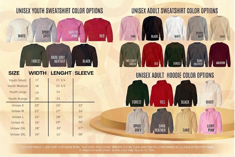 a collection of youth sweatshirt color options, including various shades of pink, black, grey, and white, as well as a range of sizes and sleeve lengths. The image also includes a table with size and sleeve length information for each color option, providing a visual guide for selecting the appropriate sweatshirt based on the individual's size and preferences.