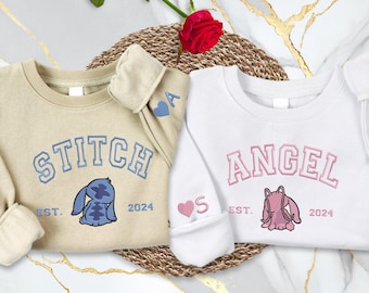Embroidered Stitch Angel Couple Sweatshirt, Matching Anniversary Valentine Hoodie